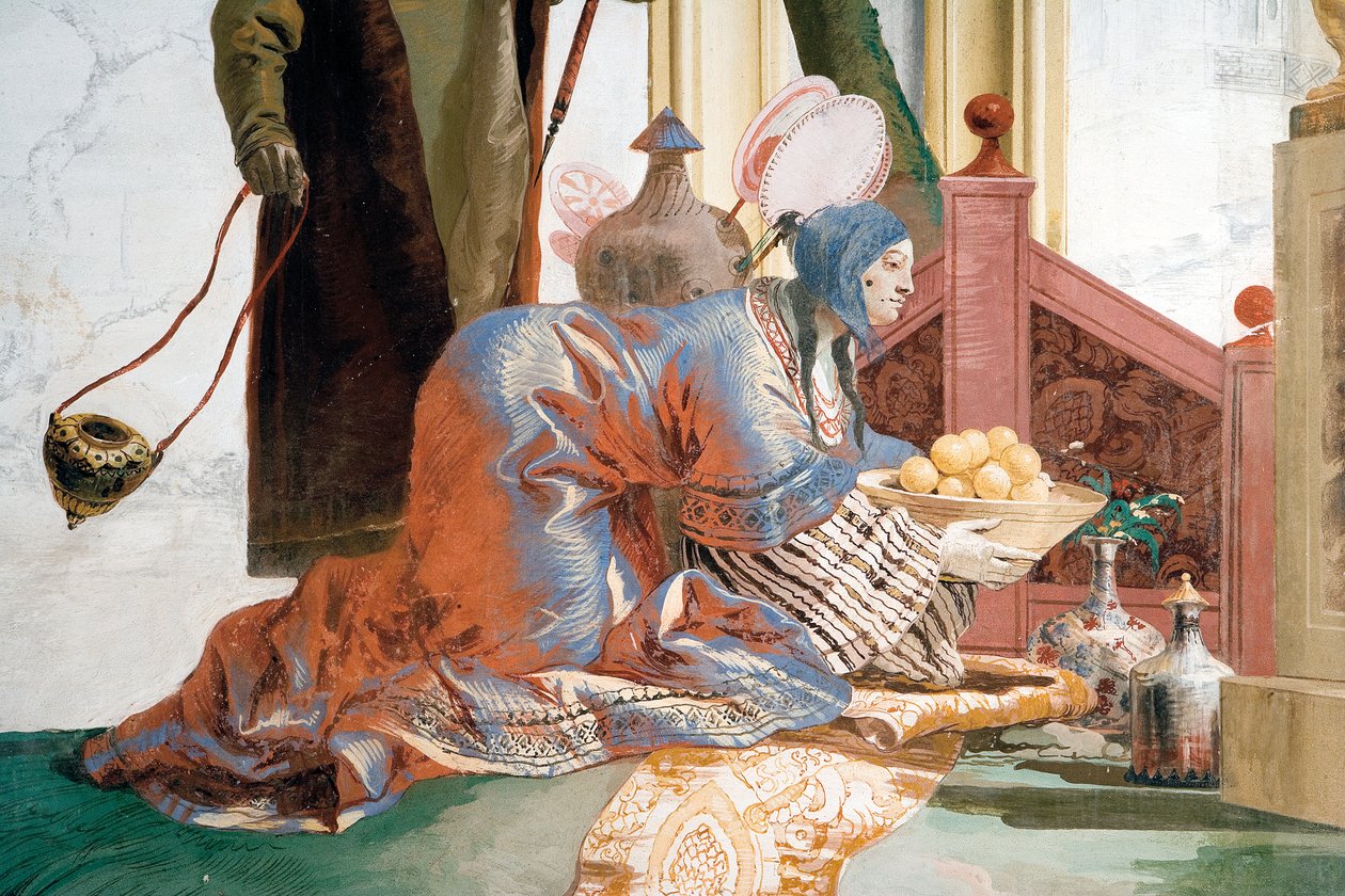 Yksityiskohta Hedelmien tarjoamisesta kuunjumalalle, kiinalaisesta huoneesta Foresteriassa, 1757 tekijältä Giovanni Domenico Tiepolo