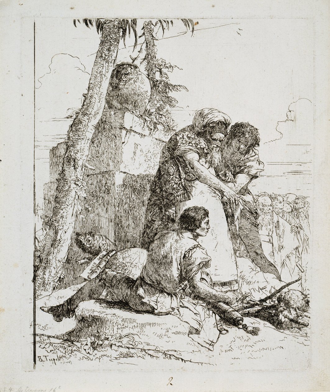 Taikuri osoittaa palavan pään kahdelle nuorelle, c. 1740-luku tekijältä Giovanni Domenico Tiepolo