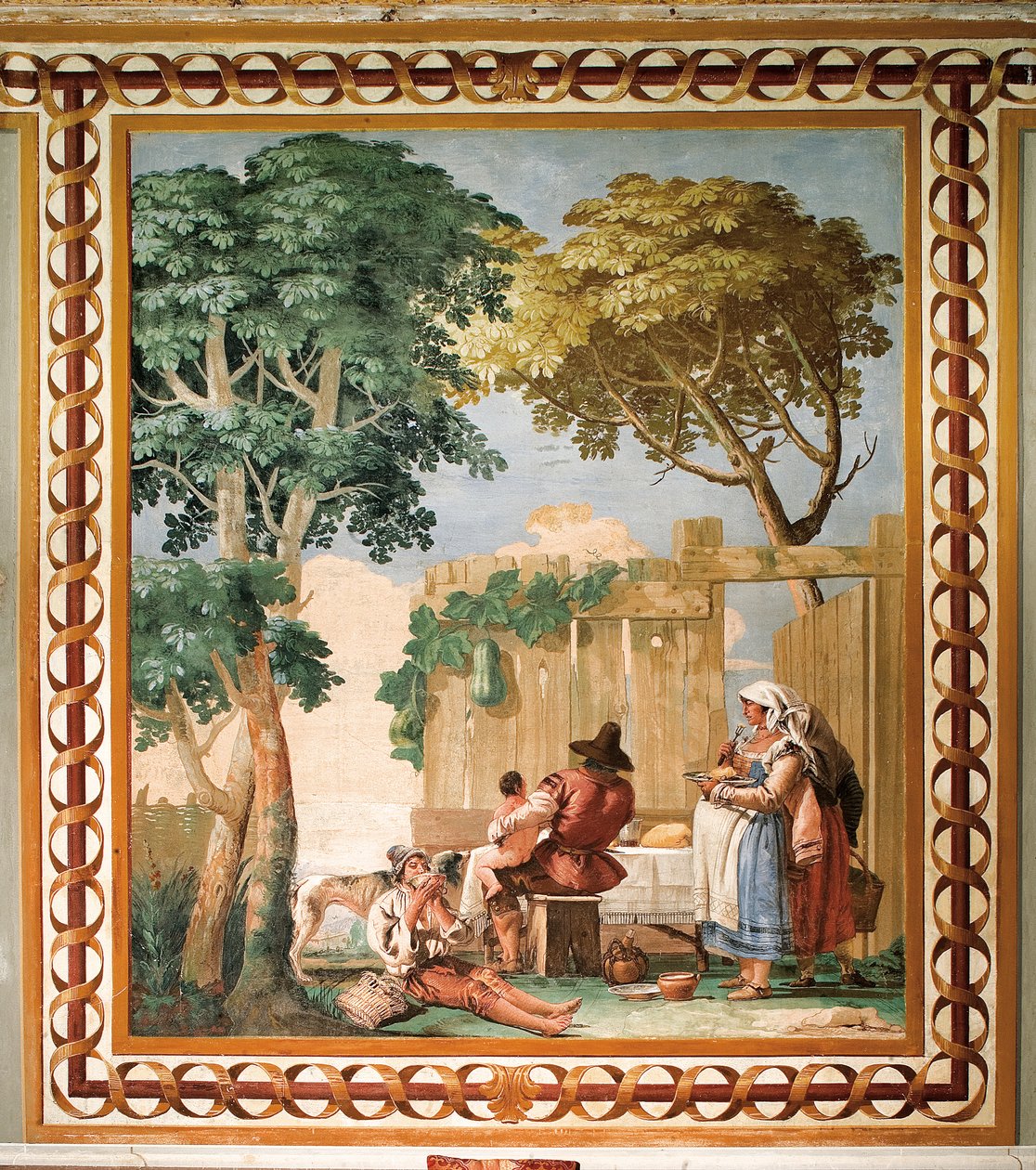 Talonpoikaperhe pöydässä, maalaismaisten kohtausten huoneesta, Foresteriassa (vierastalo) 1757 tekijältä Giovanni Domenico Tiepolo