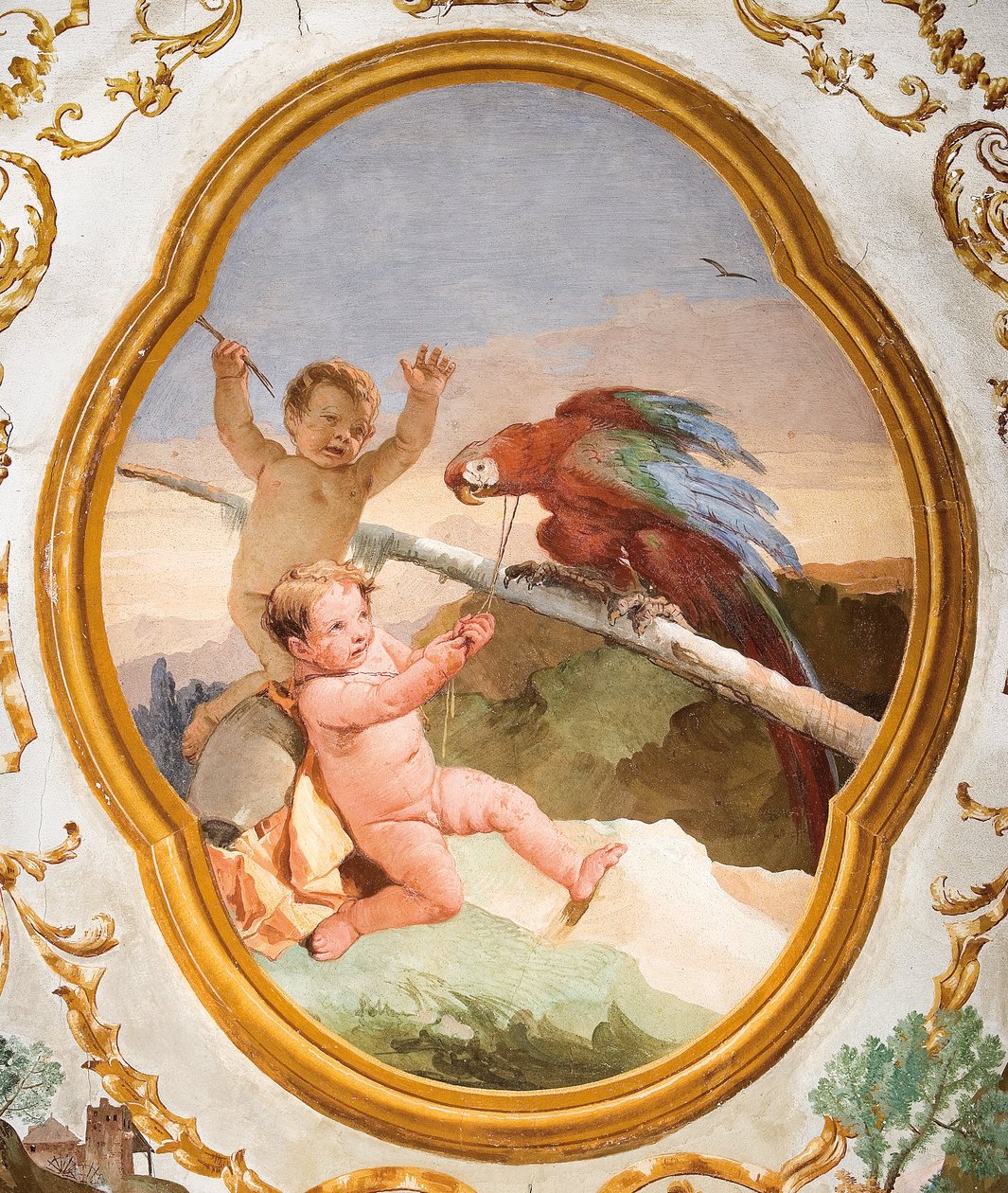 Putti papukaijan kanssa, Putti-huoneesta Foresteriassa (Guesthouse) 1757 tekijältä Giovanni Domenico Tiepolo
