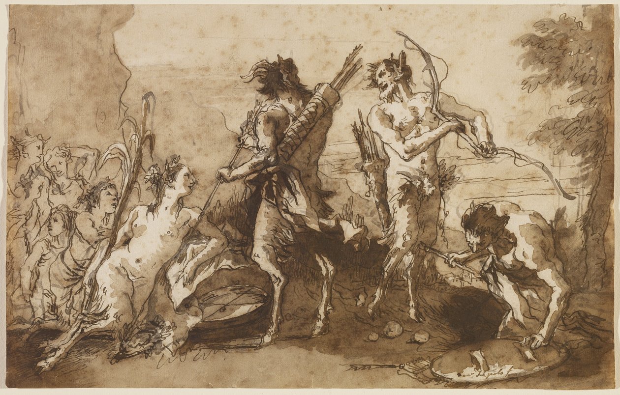 Satyrs and Satyressas in a Landscape, n. 1770 (kynä- ja rautamuste ruskealla ja harmaalla pesuaineella paperille) tekijältä Giovanni Domenico Tiepolo