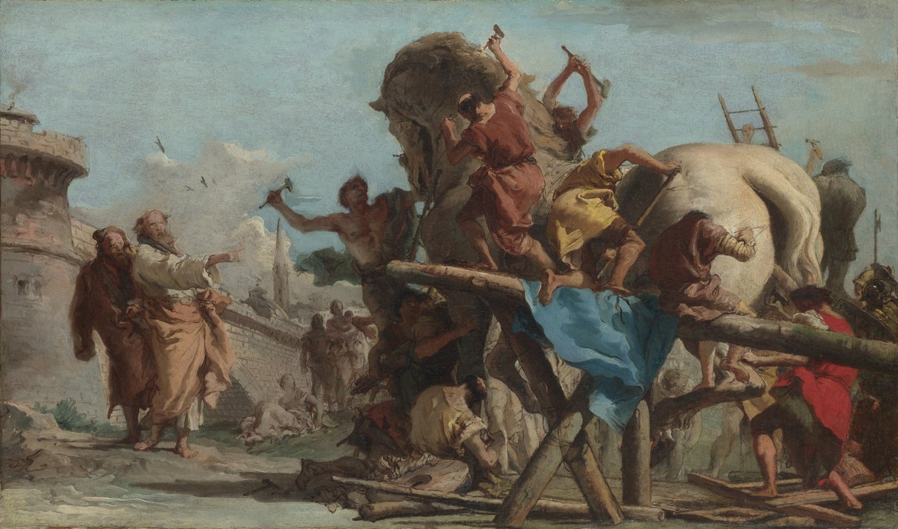 Troijan hevosen rakennus, noin 1760 tekijältä Giovanni Domenico Tiepolo