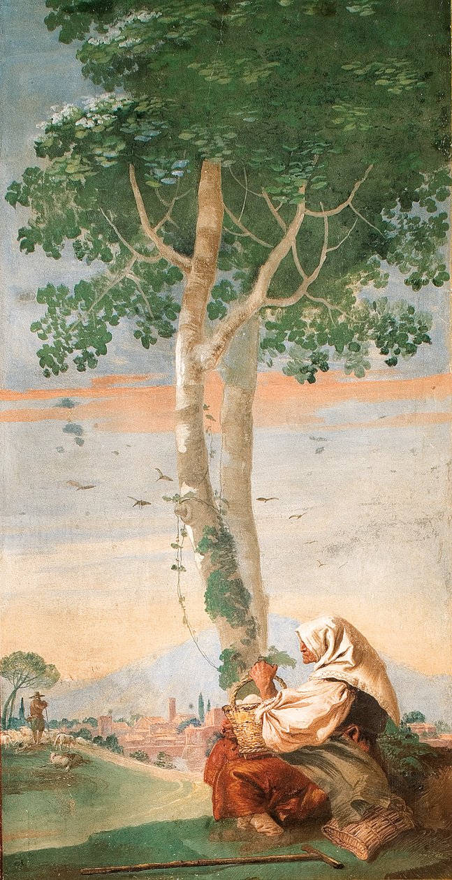 Vanhempi talonpoikanainen istuu puun alla munakorin kanssa, maalaiskuvausten huoneesta, 1757 tekijältä Giovanni Domenico Tiepolo