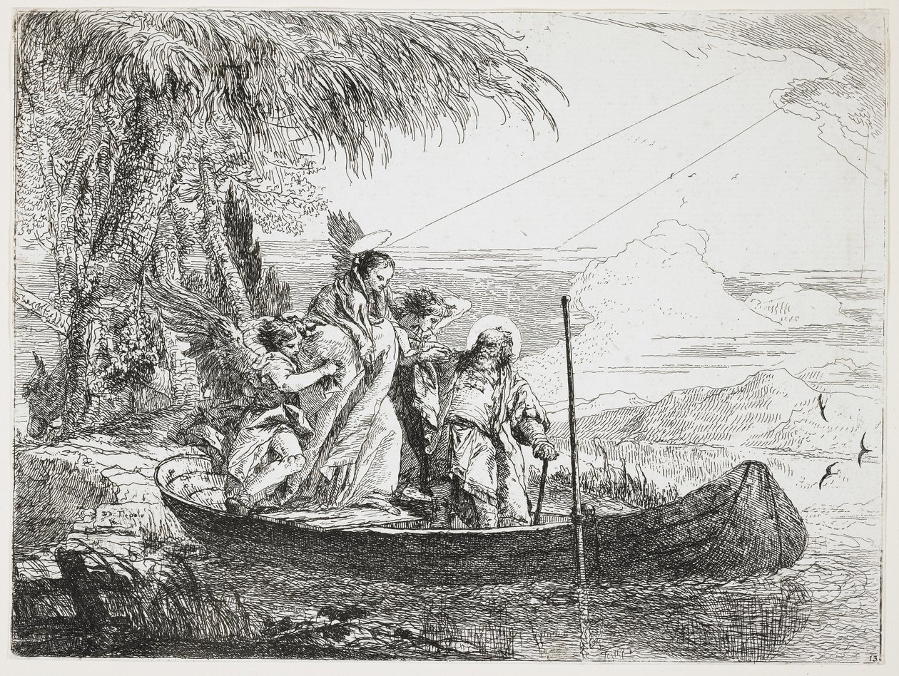 : Pyhä perhe astuu veneeseen lennosta Egyptiin, 1750-1753 tekijältä Giovanni Domenico Tiepolo