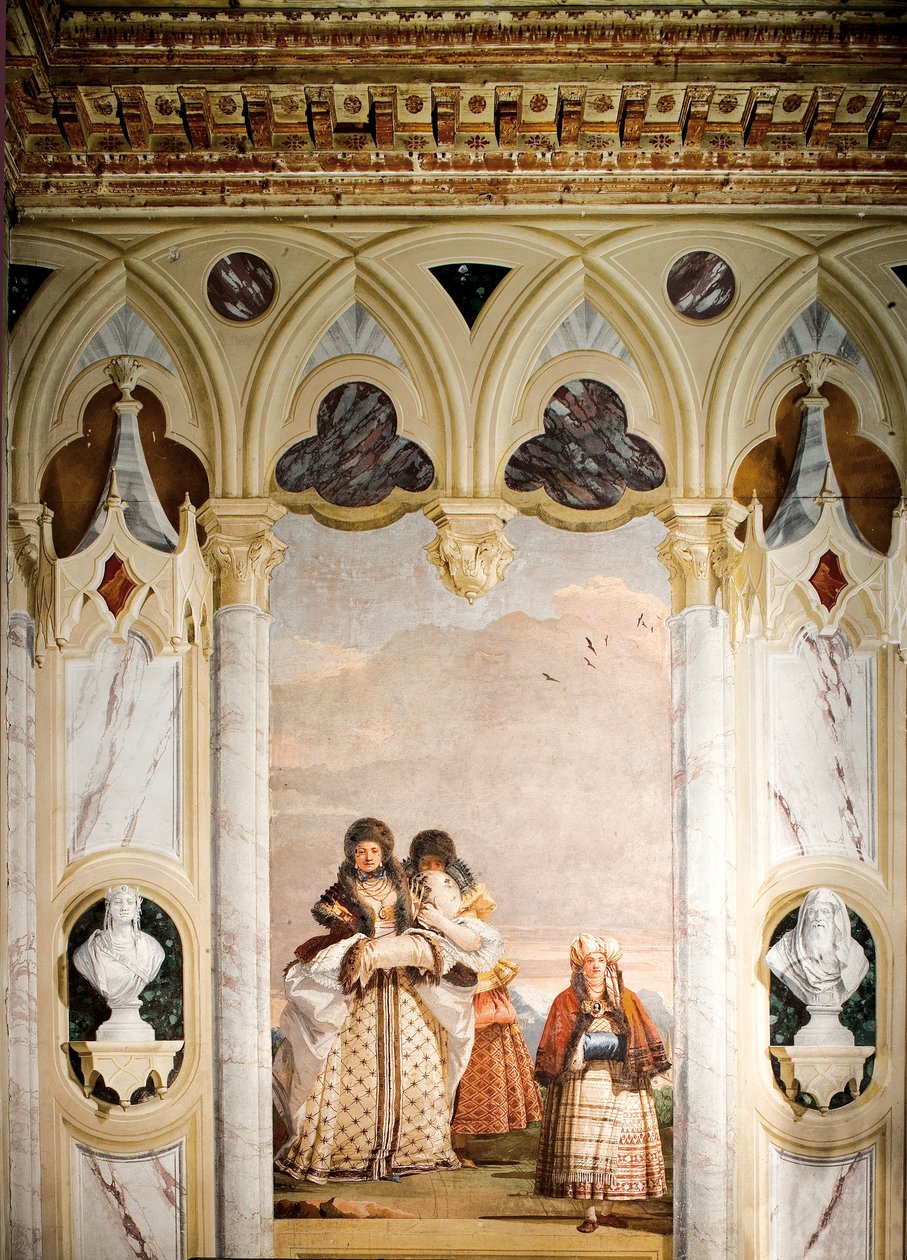 Talvikävely, goottilaisen paviljongin huoneesta, Foresteriassa, 1757 tekijältä Giovanni Domenico Tiepolo