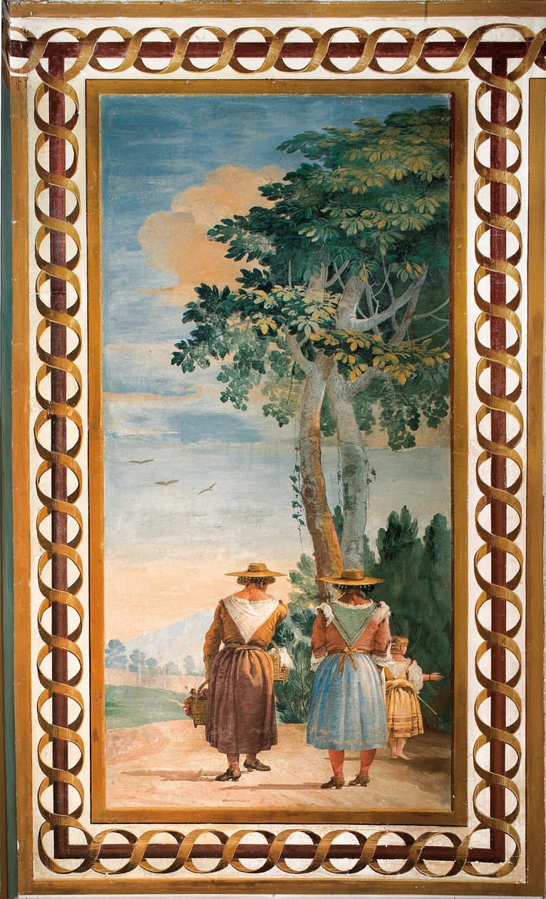 Kolme talonpoikaa takaa nähtynä, maalaismaisten kohtausten huoneesta, Foresteriassa, 1757 tekijältä Giovanni Domenico Tiepolo