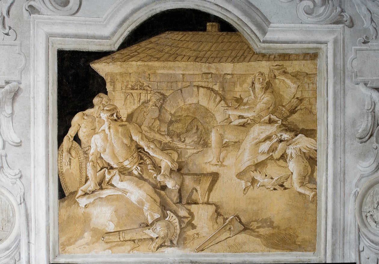 Vulkaani pajassaan, Aeneis-huoneesta Palazzinassa, 1757 tekijältä Giovanni Domenico Tiepolo