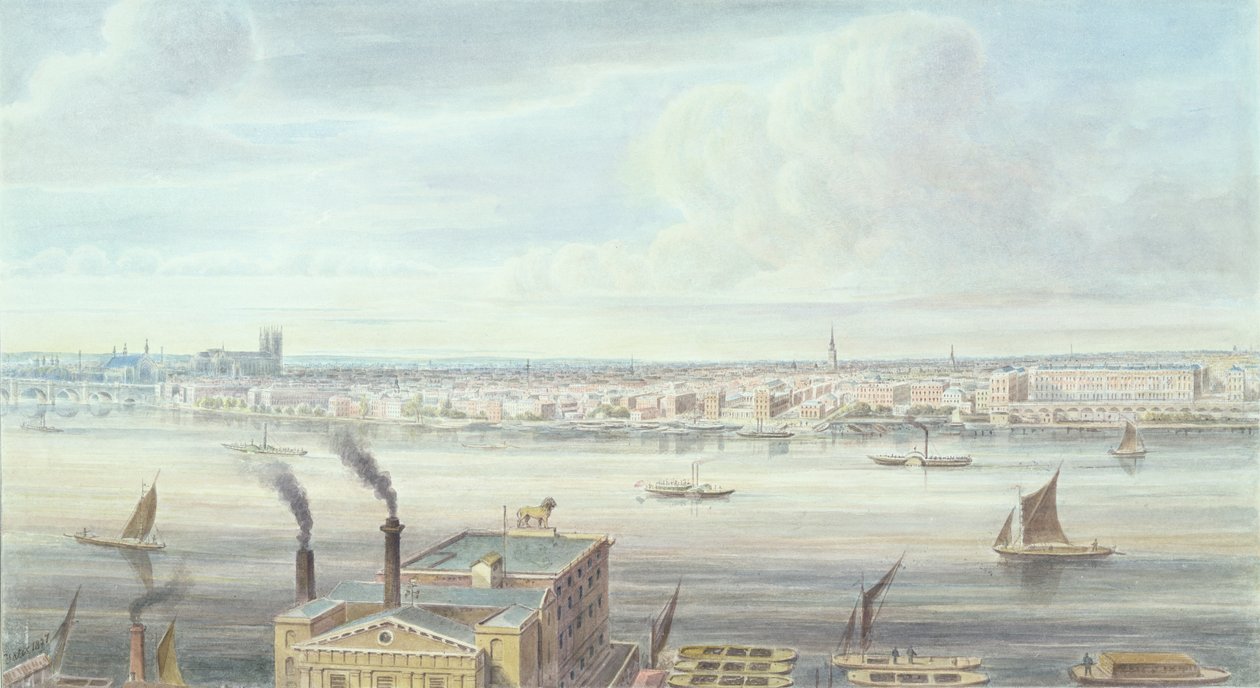 Hieno näkymä Lontooseen Westminster Bridgestä Adelphille, 1837 tekijältä Gideon Yates