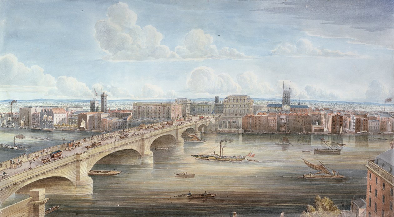 Toinen näkymä New London Bridge -sillalle, jossa näkyy länsirintama, näkymä Southwarkiin ja kaukainen näkymä Surreysta, 1838 tekijältä Gideon Yates