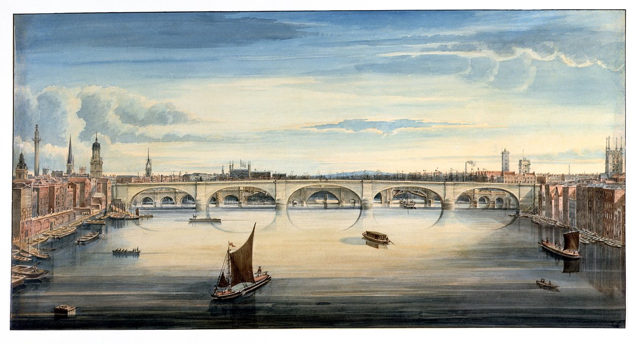 Näkymä New London Bridgestä ja Old London Bridgestä länteen, 1830 tekijältä Gideon Yates
