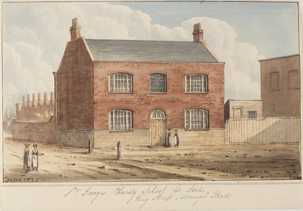 Näkymä St Georgesin hyväntekeväisyyskoulusta tytöille King Streetillä, Southwarkissa. King Street tunnetaan nyt nimellä Newcomen Street, 1825 (wc paperilla) tekijältä Gideon Yates