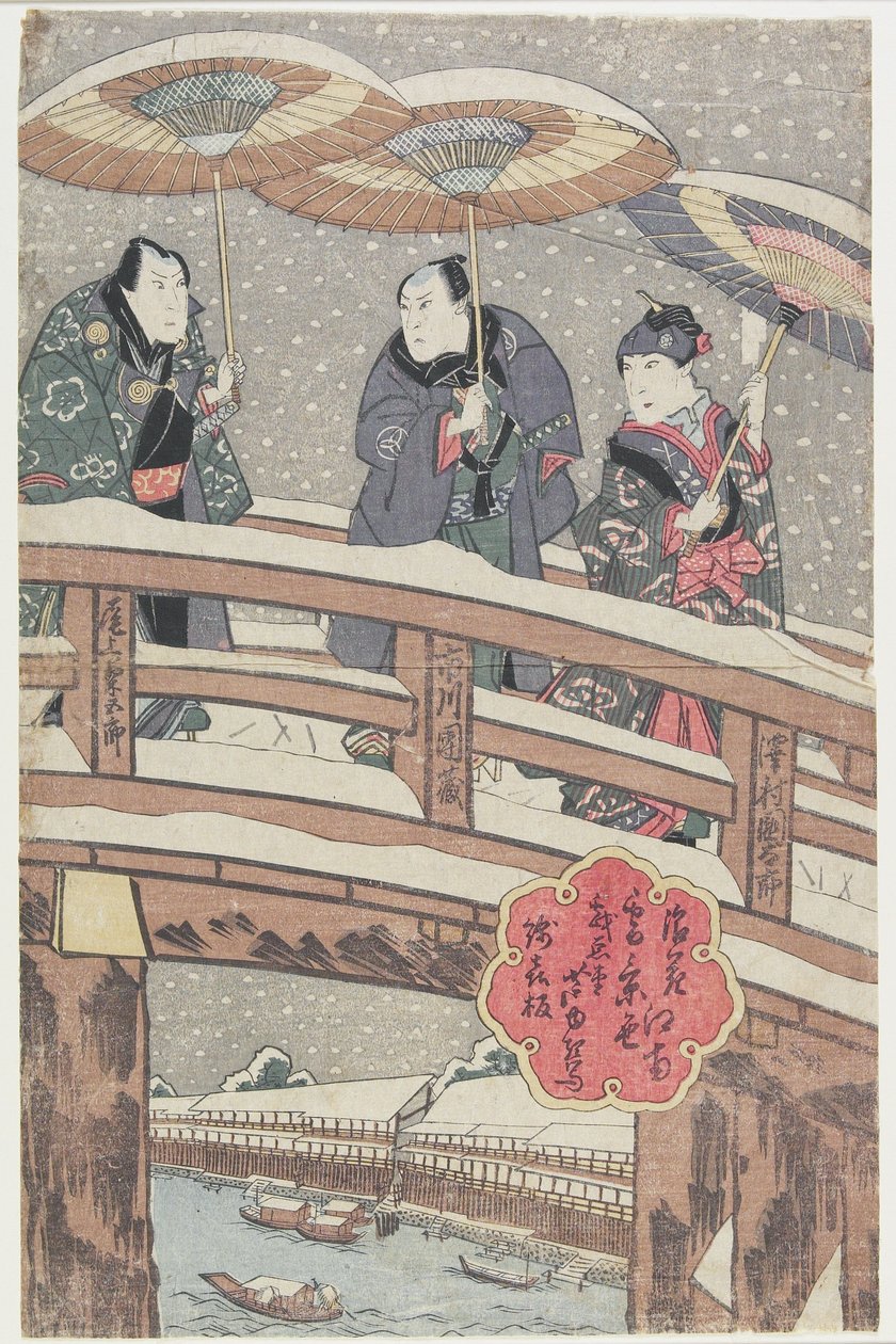 Snow Scene Osakassa joen eteläpuolella, 1825 (värillinen puupainatus) tekijältä Gigado Ashiyuki