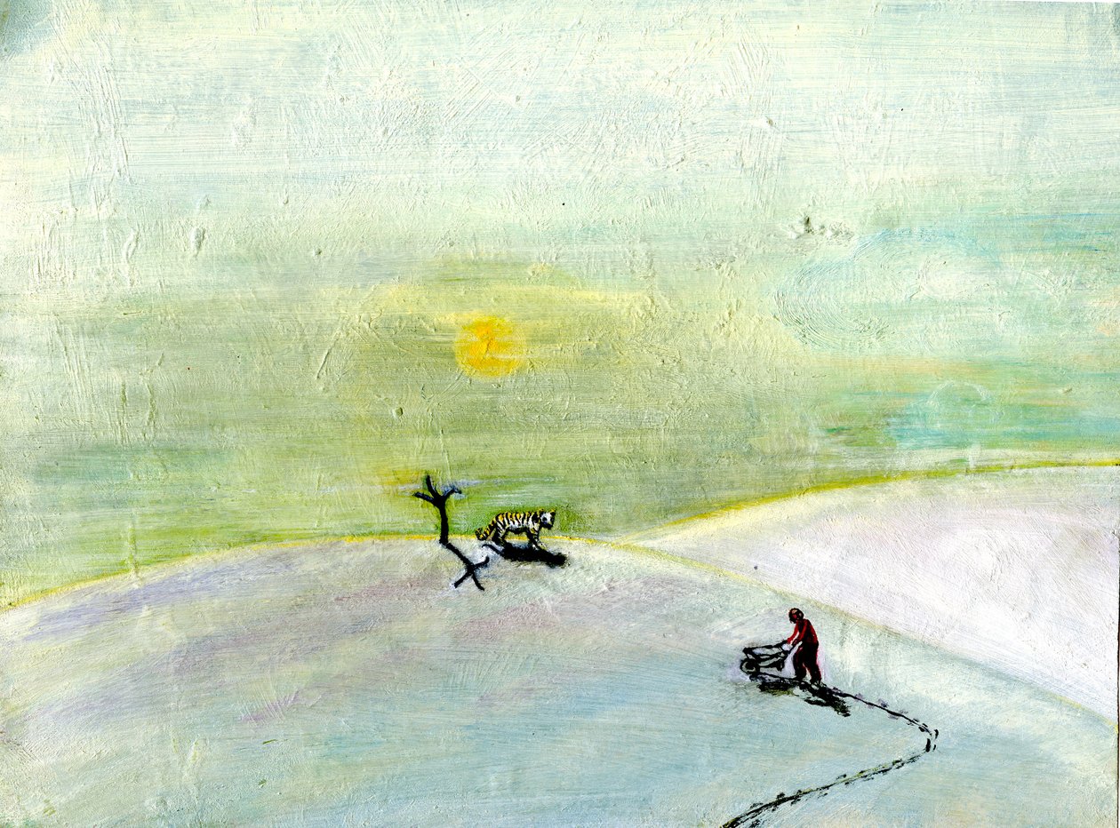 Minun kottikärryni ja lumitikeri, 2004, (öljy paperille) tekijältä Gigi Sudbury