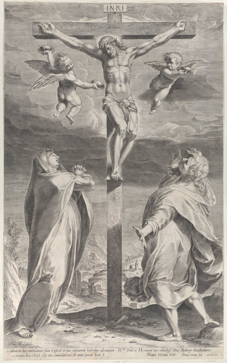 Ristiinnaulitseminen Neitsyt Marian ja Pyhän Johannes Evankelistan kanssa, enkelit yläpuolella, n. 1593, n. 1593 tekijältä Gijsbert Van Veen
