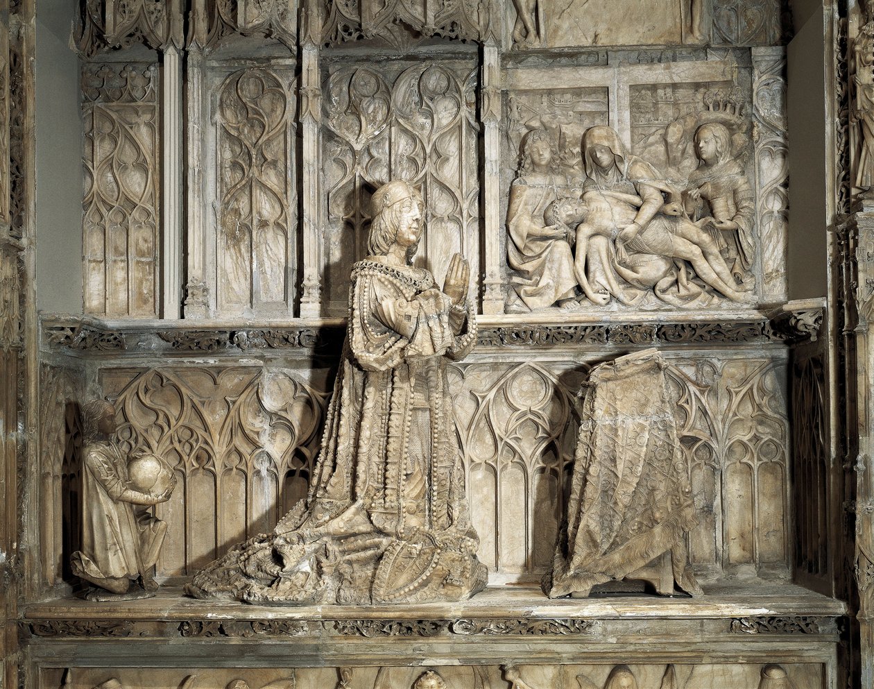 Goottilainen taide: John of Padillan hauta (1490-1521). Hidalgo ja Kastilian vallankumouksellinen, joka tunnetaan osallistumisestaan ​​Kastilian yhteisöjen sotaan. Marmoriveistos Gil of Shilohista (1486-1501), noin 1500. Burgos, Burgosin museo tekijältä Gil de Siloe
