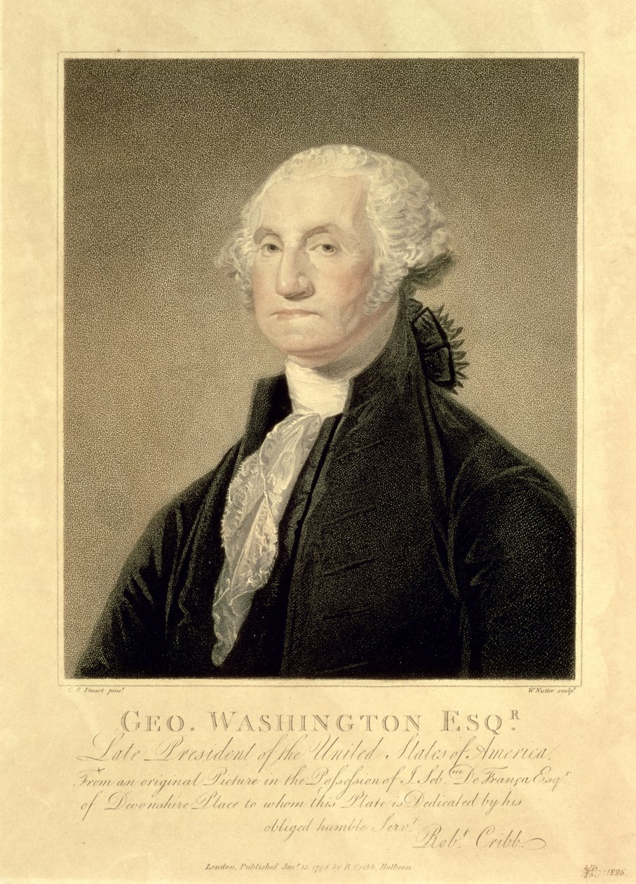 George Washingtonin muotokuva, kaivertanut William Nutter, pubi. Kirjailija: Robert Cribb, 1798 tekijältä Gilbert Stuart