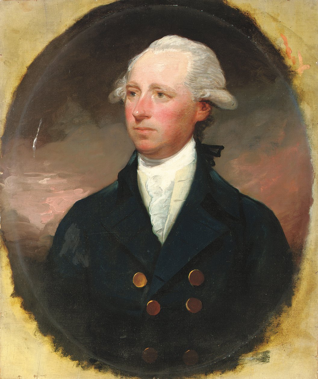 Sir Thomas George Skipwithin muotokuva, puolipitkä, sinisessä takissa, teeskennelty soikea tekijältä Gilbert Stuart
