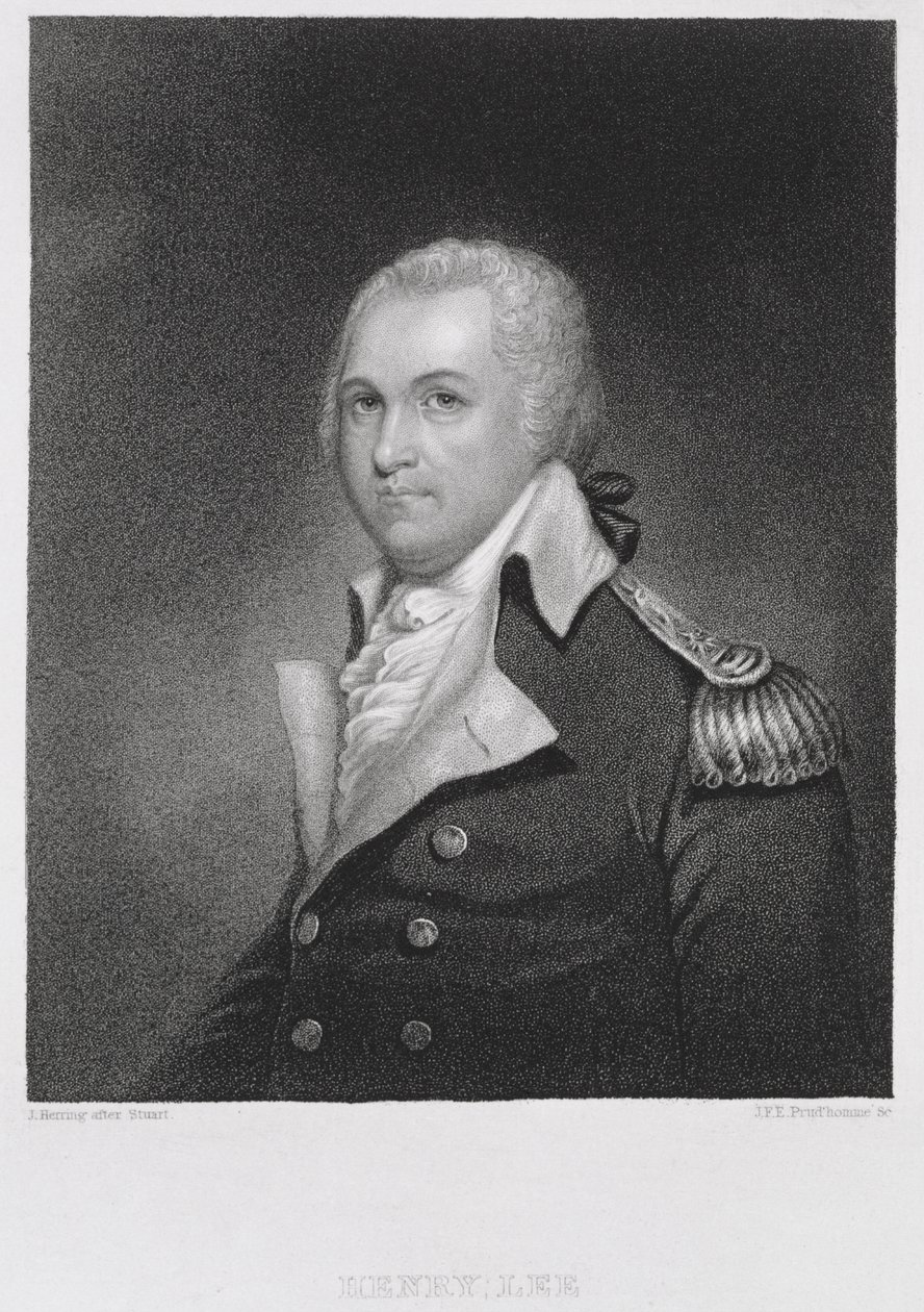 Kenraali Henry Lee (1756-1818), kaivertanut John Francis Eugene PrudHomme (1800-92) James Herringin (1794-1867) alkuperäisen maalauksen kopion jälkeen tekijältä Gilbert after Stuart