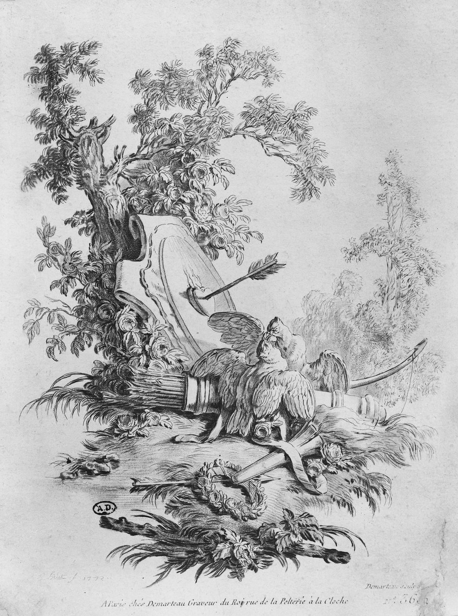 Kaksi kyyhkystä, kuvitus Fontainen satuihin, 1772. tekijältä Giles Demarteau