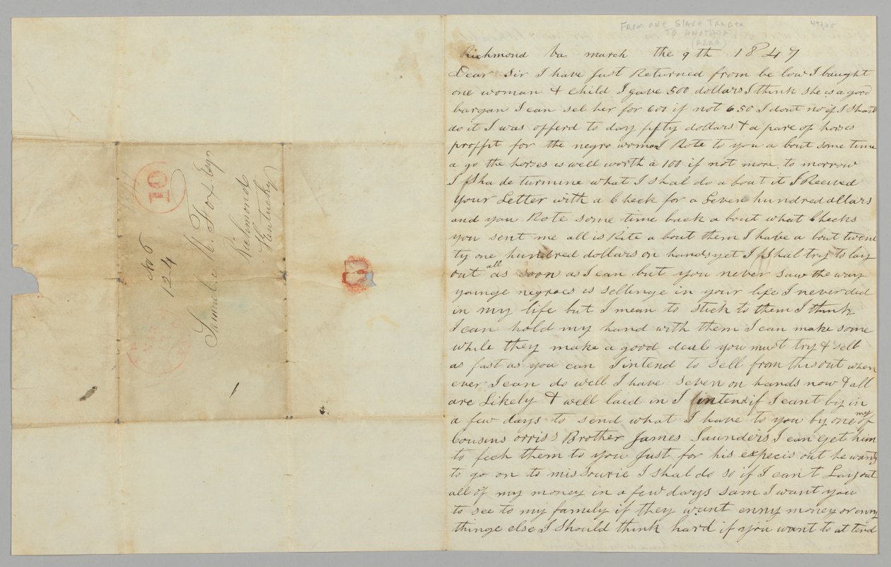 Giles Saundersin kirje Samuel Foxille koskien orjakauppaa, 9. maaliskuuta 1847. tekijältä Giles Saunders