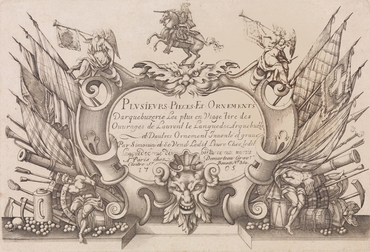 Useita kappaleita ja koristeita Darquebuzerie 4. laajennettu painos, n. 1776. tekijältä Gilles Antoine Demarteau