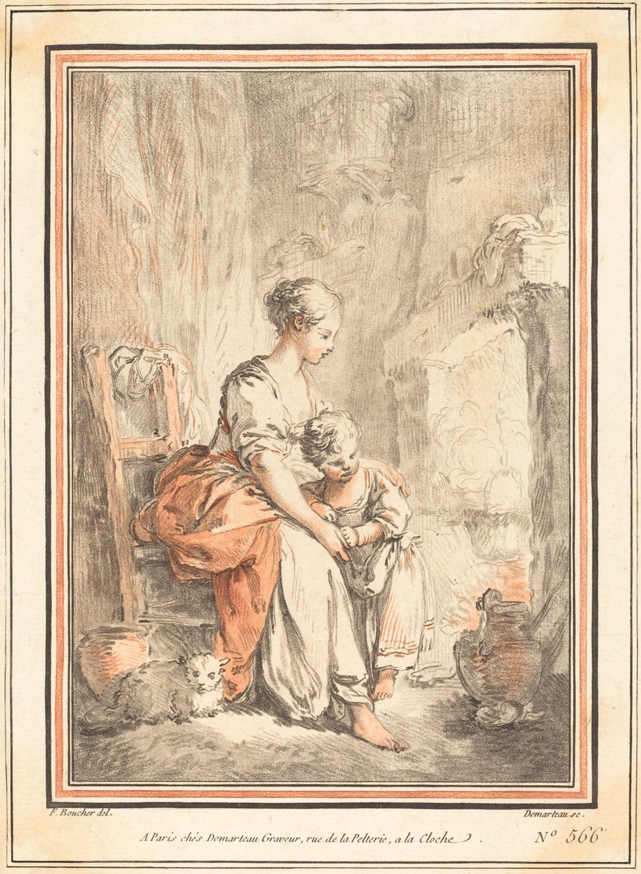 Nainen ja lapsi takan edessä tekijältä Gilles Antoine Demarteau after François Boucher