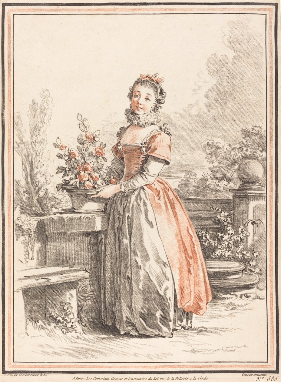 Nuori nainen seisoo puistossa tekijältä Gilles Antoine Demarteau after Jean Baptiste Le Prince