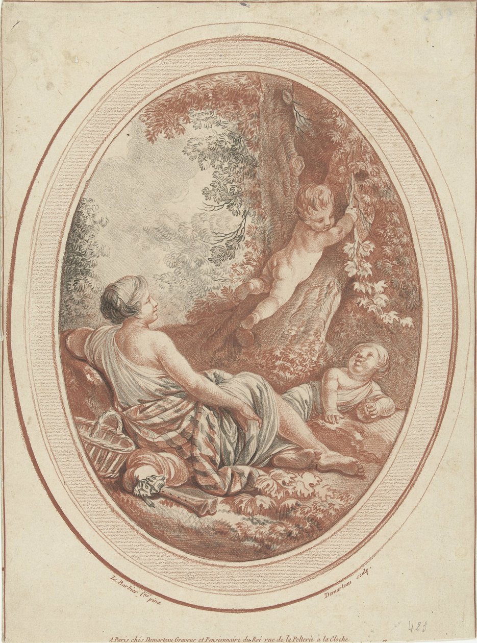 Bacchanal nymfi ja putti lähellä puita tekijältä Gilles Demarteau