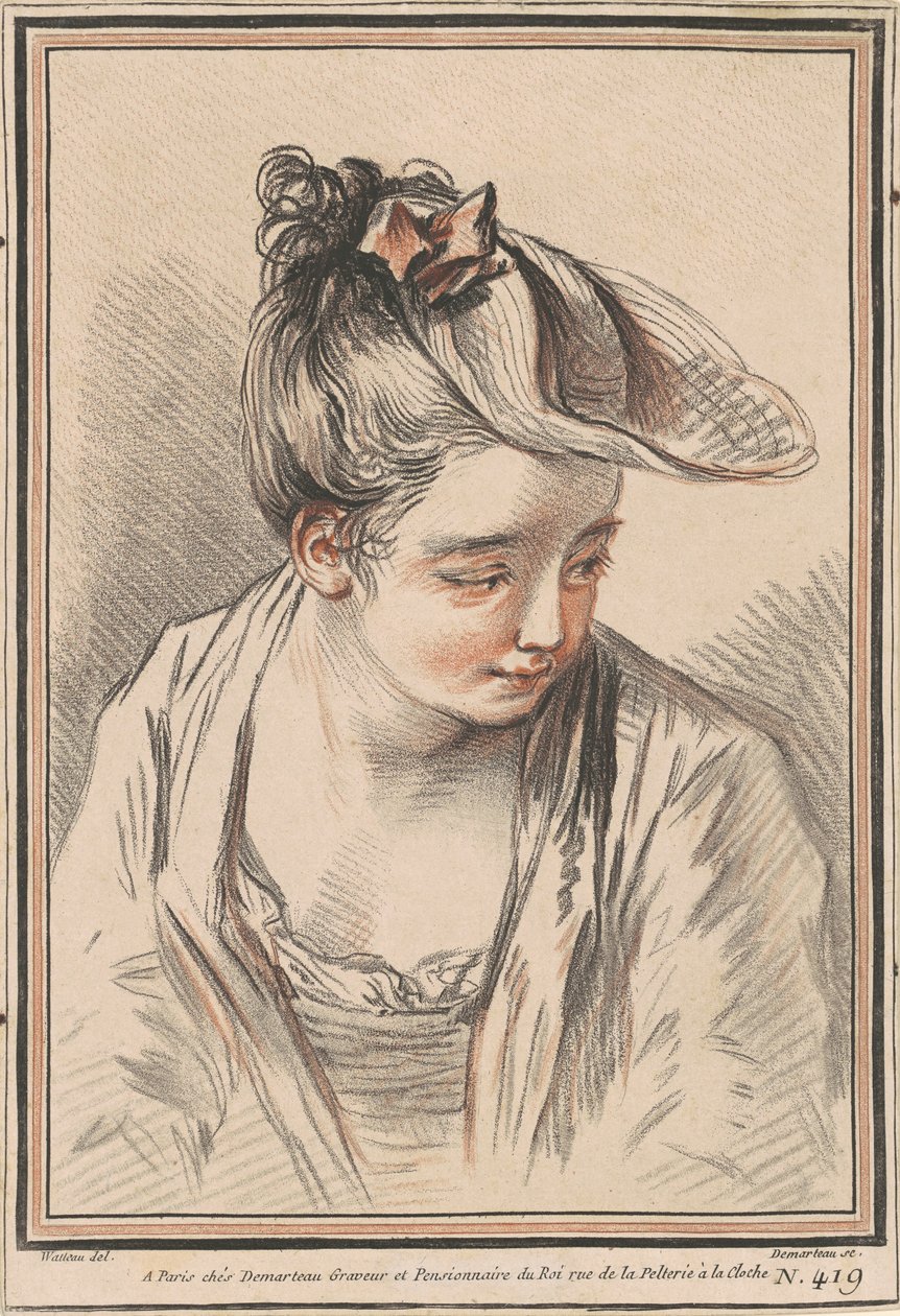 Nuoren naisen pää, jolla on hattu tekijältä Gilles Demarteau the Elder after Antoine Watteau