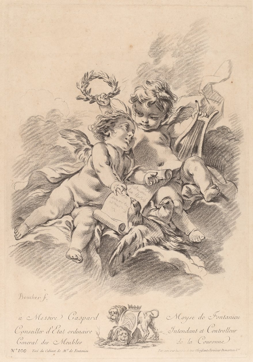 Musiikin allegooria kahden kerubin ja kyyhkysen kanssa (100) tekijältä Gilles Demarteau the Elder after François Boucher