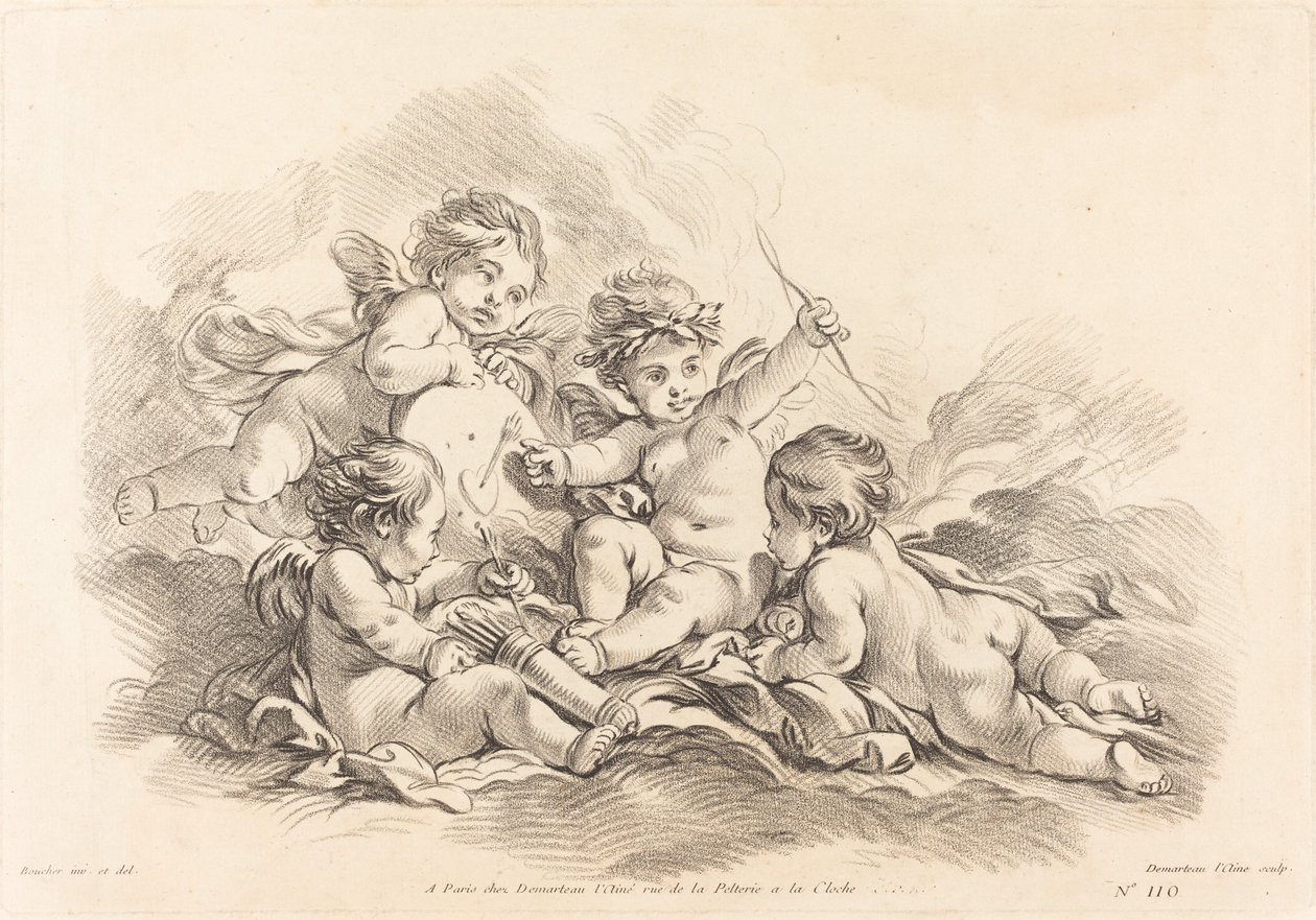 Neljä kerubia tavoiteharjoituksessa tekijältä Gilles Demarteau, the Elder after François Boucher