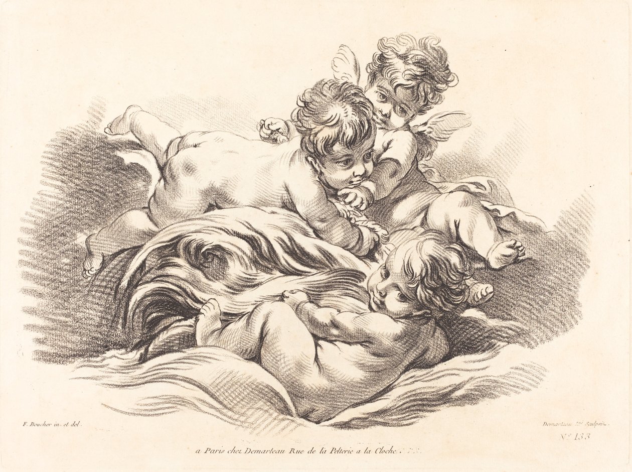 Kolme kerubia leikkimässä Dolphin Like Wavella tekijältä Gilles Demarteau, the Elder after François Boucher