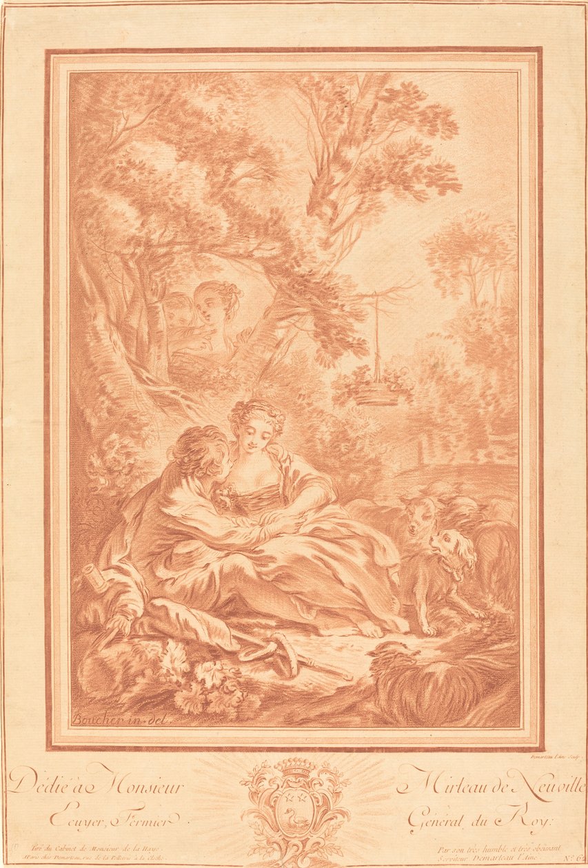 Kaksi rakastajaa istuvat suuren puun juurella kahden tytön yllättämänä tekijältä Gilles Demarteau, the Elder after François Boucher