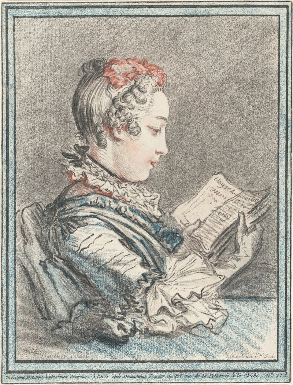 Nuori tyttö lukee "Héloise ja Abélard" tekijältä Gilles Demarteau, the Elder after François Boucher
