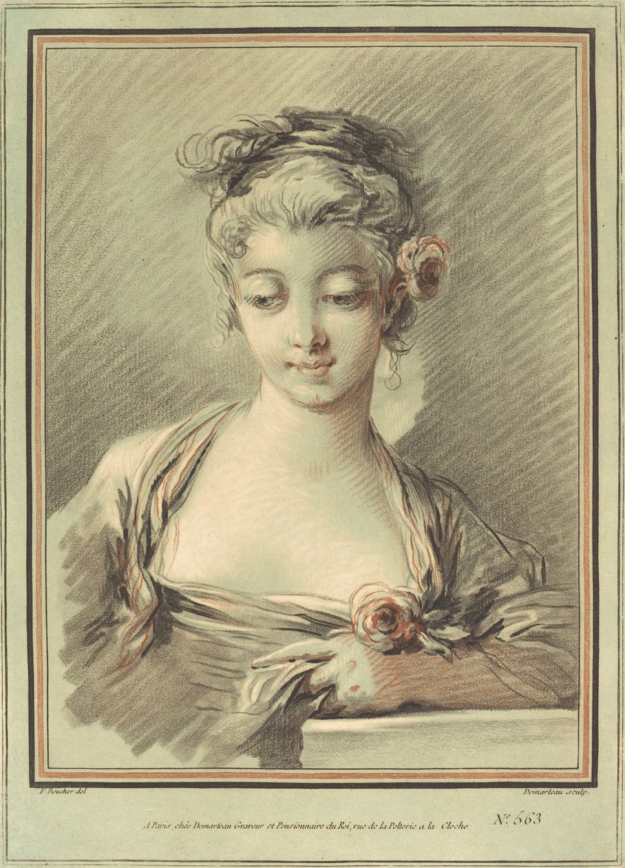 Nuori nainen ruusun kanssa tekijältä Gilles Demarteau, the Elder after François Boucher