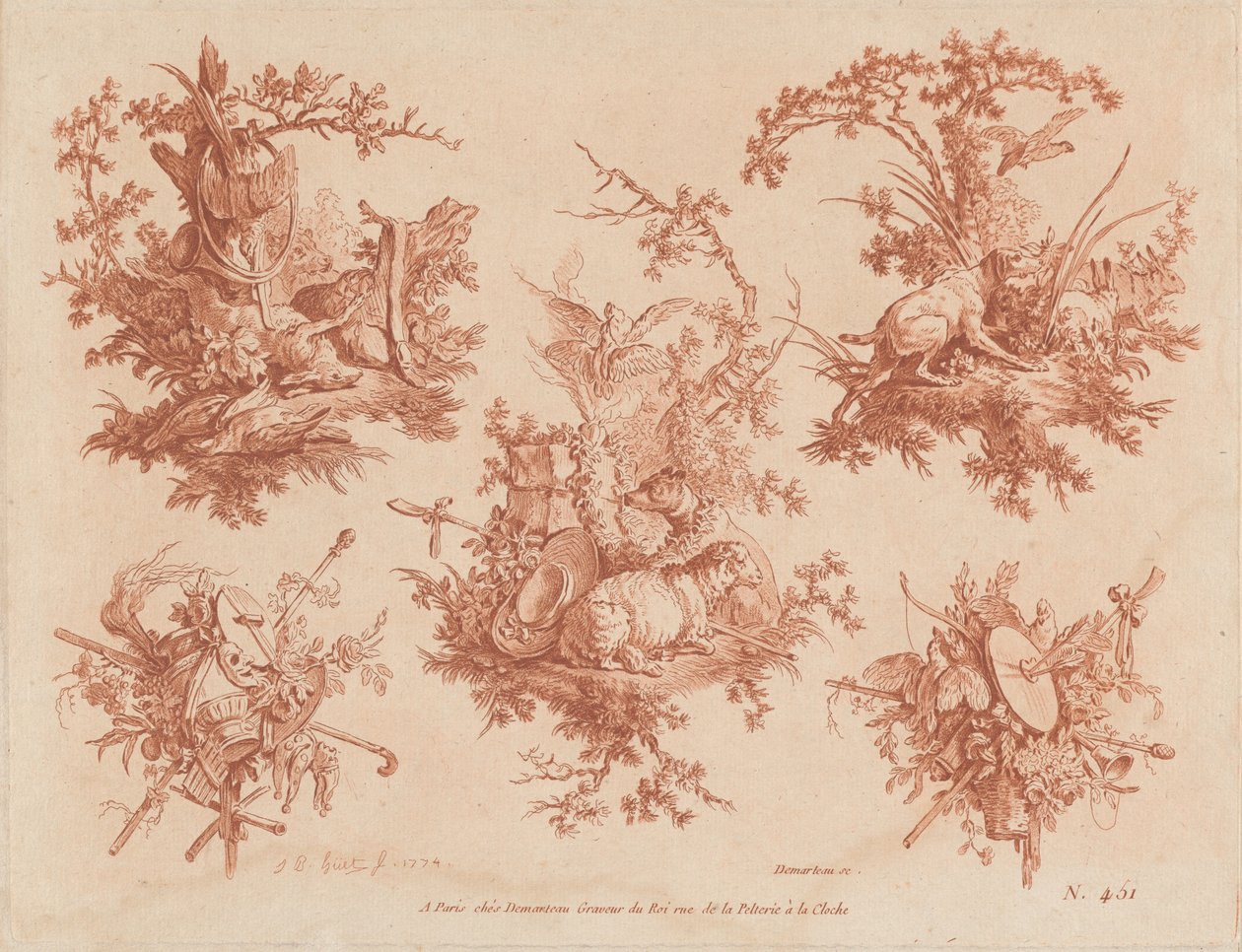 Viisi palkintoa, joiden teemat ovat metsästys, rakkaus ja hulluus tekijältä Gilles Demarteau, the Elder, and Jean Baptiste Hüet