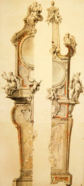 Suunnitelma kellon ja barometrin kotelosta, jossa on lämpömittari, kaksi versiota, 1730-luvun alku (kynä, sivellin, tussi ja vesiväri paperille). tekijältä Gilles Marie Oppenord