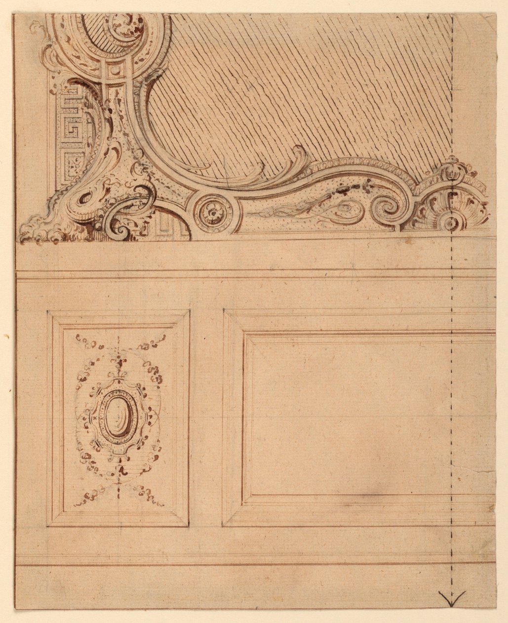 Piirustus, Suunnitelma seinäpaneelin alaosaa varten, 1714 tekijältä Gilles Marie Oppenord