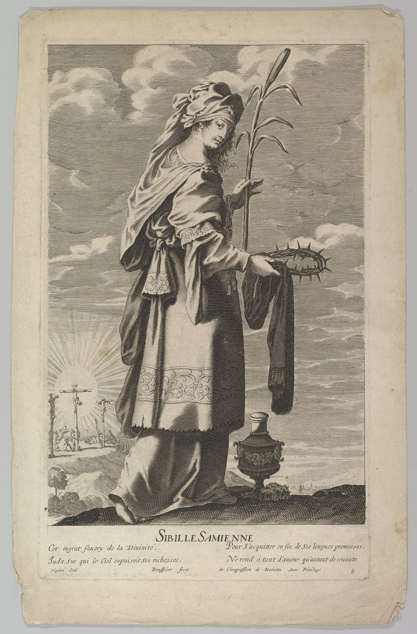 Samian Sibyl, n. 1635. Tekijät: Gilles Rousselet, Abraham Bosse. tekijältä Gilles Rousselet and Abraham Bosse