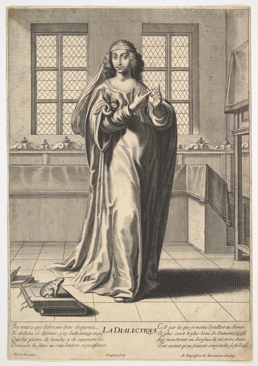 Dialektiikka: nuori nainen seisoo sisustetussa sisustuksessa ja koskettaa oikeaa hakemistoaan ..., 1633-35. tekijältä Gilles Rousselet