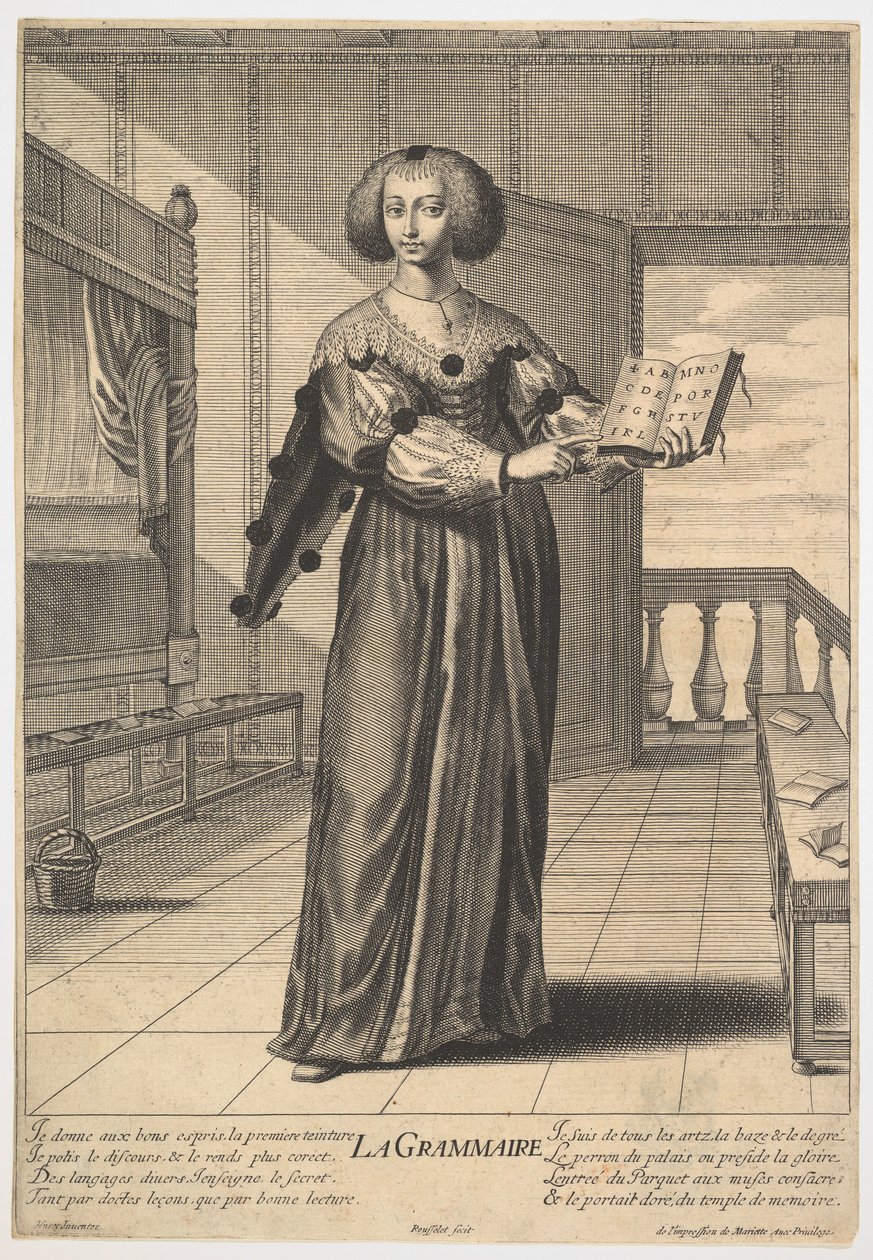 Kielioppi: nuori nainen, joka seisoo sisustetussa sisustuksessa, pitelee avointa kirjaa vasemmassa..., 1633-35. tekijältä Gilles Rousselet