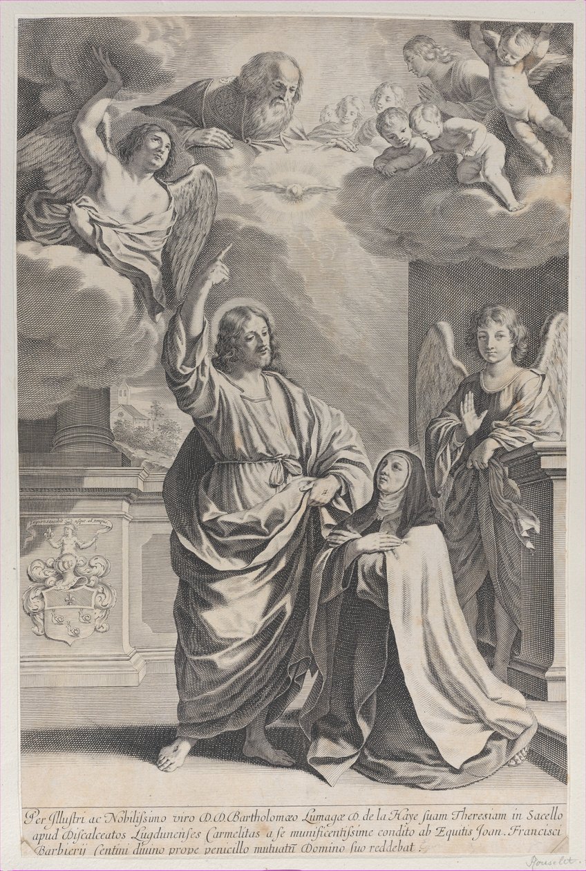 Pyhä Teresa rukoilee Kristuksen rinnalla, joka osoittaa ylöspäin Isä Jumalaa ja ..., 1635-1700. tekijältä Gilles Rousselet