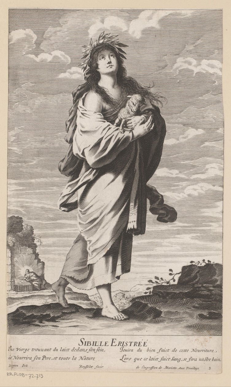 Sibyl of Erythrae, taustalla Maria ja lapsi Sibille Eristrée (otsikko esineessä) Sibylit (sarjan nimi) Les Sibylles (sarjan nimi) tekijältä Gilles Rousselet