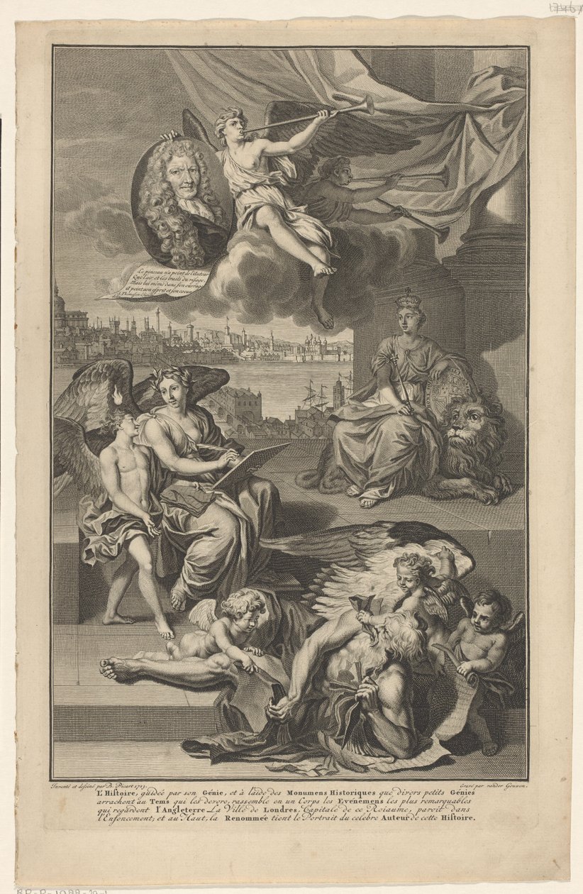 Ison-Britannian historian allegoria Isaac de Larreyn muotokuvalla Nimisivu: Isaac de Larrey, Histoire d