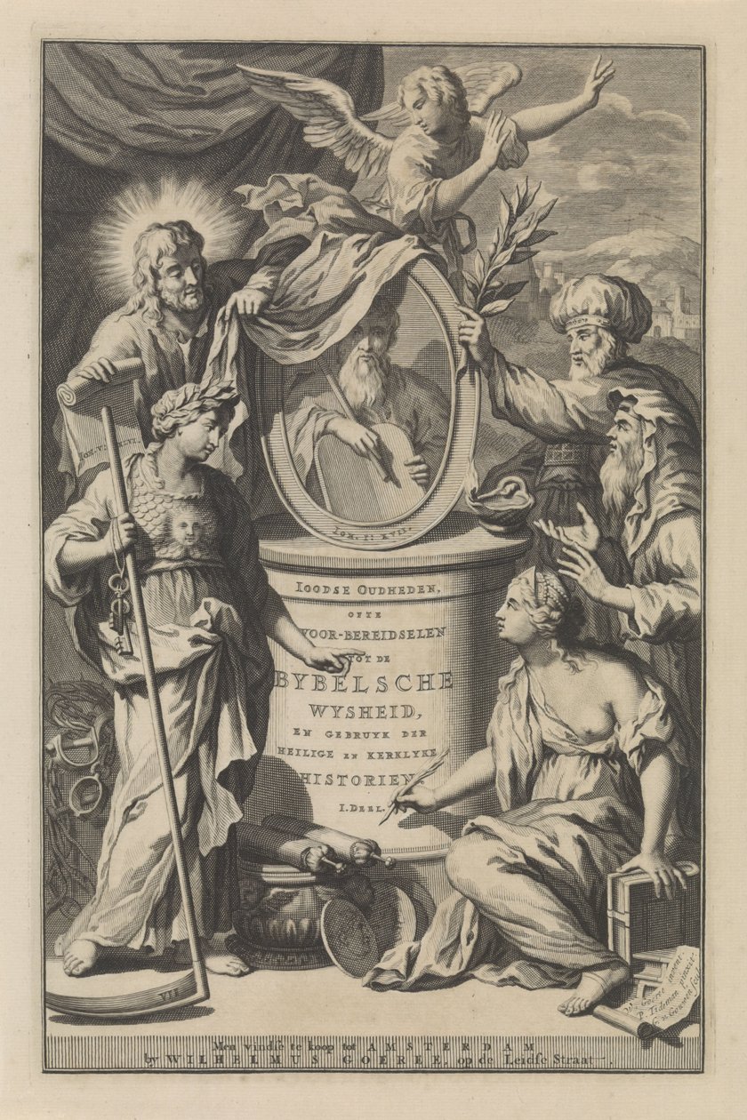 Raamatun luvut paljastavat Mooseksen muotokuvan Nimisivu julkaisulle Wilhelmus Goeree, Preparations for Bible Wisdom, and the Use of Sacred and Church History, 1690 tekijältä Gilliam van der Gouwen
