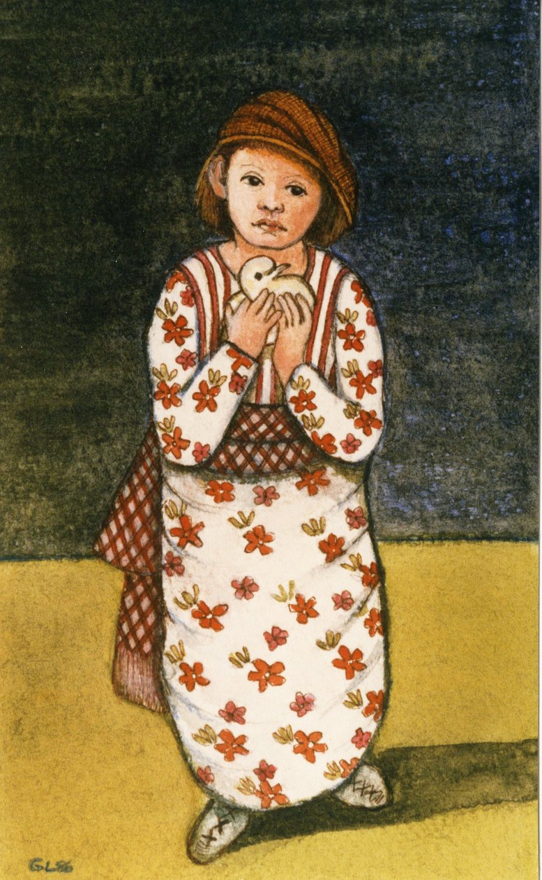 Tyttö kyyhkynen kanssa, 1986 (akvarelli paperille) tekijältä Gillian Lawson