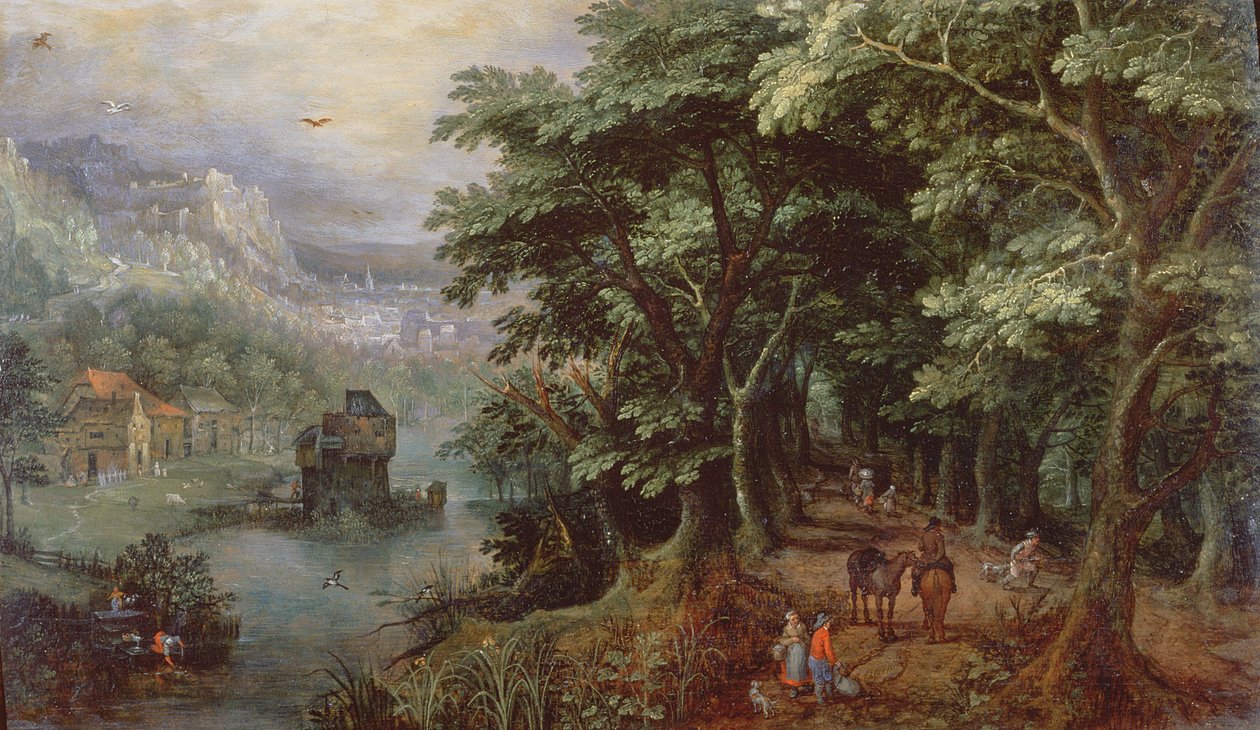 Maisema, jossa on hahmoja kujalla, noin 1595 (paneeli). tekijältä Gillis van III Coninxloo