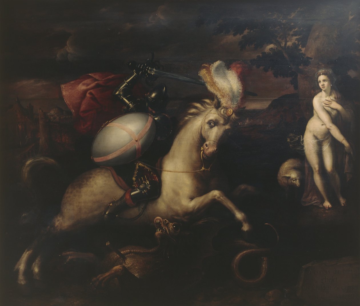 Saint George (öljy paneelissa) tekijältä Gillis (c.1535 99) Congnet