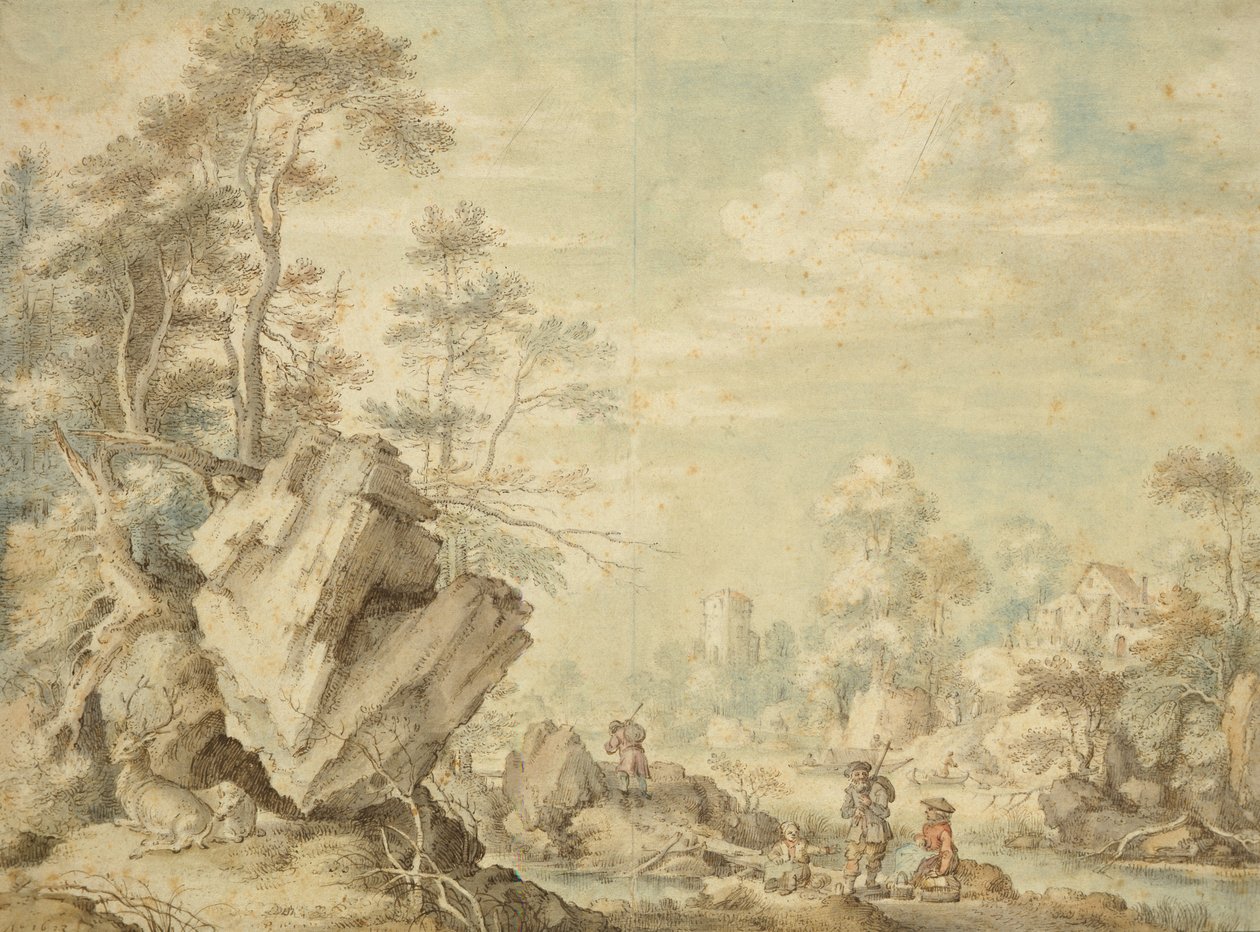 Maisema, 1623 (kynä ja wc paperilla) tekijältä Gillis Claesz d Hondecoeter