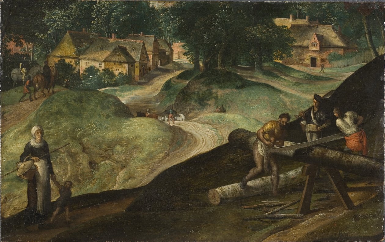 Maisema miesten sahaamassa puutavaraa - Maisema miesten sahaavien puutavaraa, kirjoittanut Mostaert, Gillis (1534-1598). öljy puulle tekijältä Gillis Mostaert
